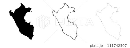 Peru country silhouette. Set of 3 high detailed maps. Solid black silhouette, thick black outline and thin black outline. Vector illustration isolated on white background. 111742507