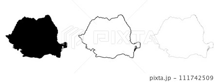 Romania country silhouette. Set of 3 high detailed maps. Solid black silhouette, thick black outline and thin black outline. Vector illustration isolated on white background. 111742509