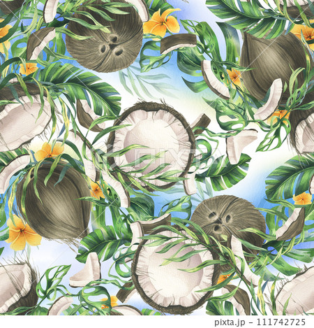 Coconuts whole, halves and pieces with bright, green, tropical palm leaves and yellow plumeria flowers. Hand drawn watercolor illustration. Seamless pattern, background. Coconuts whole, halves and pieces with bright, green, tropical palm leaves and yellow plumeria flowers. Hand drawn watercolor illustration. Seamless pattern, background. 111742725