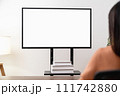 Woman using computer and type on the keyboard. Mockup screen of advertisement. 111742880