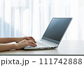 Hand using laptop and type on the keyboard. Mockup screen of advertisement. 111742888