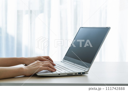 Hand using laptop and type on the keyboard. Mockup screen of advertisement. 111742888