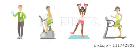 Sport Training with Man and Woman Character at Gym Vector Set 111742905