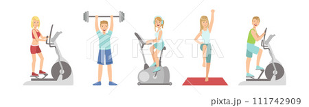 Sport Training with Man and Woman Character at Gym Vector Set Sport Training with Man and Woman Character at Gym Vector Set 111742909