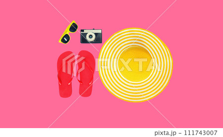 Summer vacation accessory, yellow straw beach hat with flip flops, film camera and sunglasses 111743007