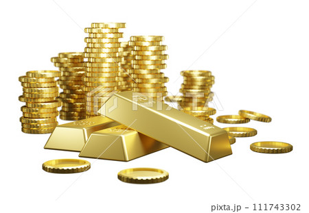 Gold bars and coins 3D render 111743302