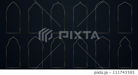 Islamic thin golden arch set. Ramadan luxury frames. Elegant gold doors. Islamic thin golden arch set. Ramadan luxury frames. Elegant gold doors. 111743383