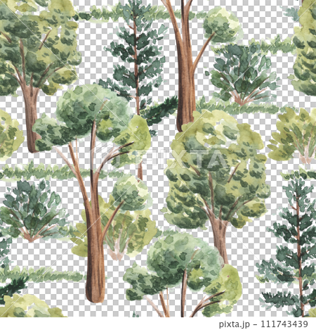 seamless pattern with watercolor green trees on...のイラスト素材 [111743439 ...