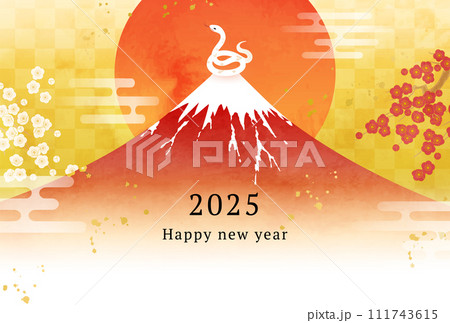 水彩の富士山と蛇と初日の出の2025年年賀状のベクターイラストテンプレート(巳年,巳) 111743615