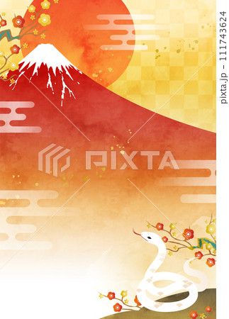 水彩の富士山と蛇と初日の出の2025年年賀状のベクターイラストテンプレート(巳年,巳) 水彩の富士山と蛇と初日の出の2025年年賀状のベクターイラストテンプレート(巳年,巳) 111743624