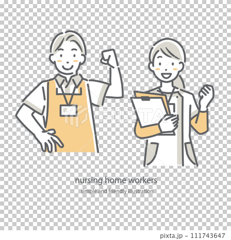 A simple and stylish line drawing illustration of an enthusiastic woman and man in the nursing profession 111743647