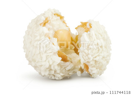 round candy raffaello with coconut flakes and nut isolated on white background round candy raffaello with coconut flakes and nut isolated on white background 111744118