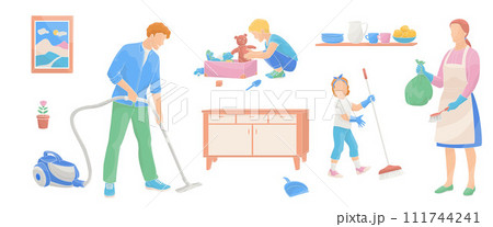laundry day Family working together at home laundry day Family working together at home 111744241