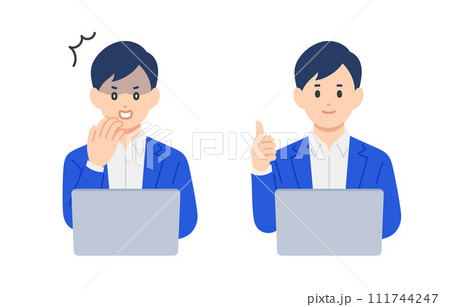 パソコンを見てショック･グッドのポーズをするビジネスパーソン男性のセット【人物ベクターイラスト素材】 111744247