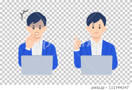 パソコンを見てショック･グッドのポーズをするビジネスパーソン男性のセット【人物ベクターイラスト素材】 111744247