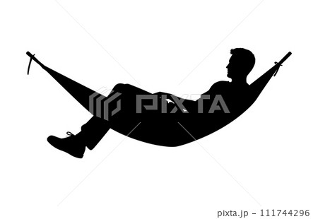 Man relax on hammock silhouette, Man relaxing lying in hammock. Vector silhouette 111744296