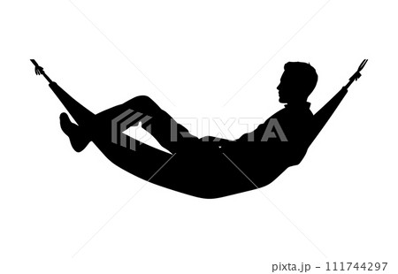 Man relax on hammock silhouette, Man relaxing lying in hammock. Vector silhouette 111744297