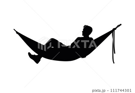 Man relax on hammock silhouette, Man relaxing lying in hammock. Vector silhouette Man relax on hammock silhouette, Man relaxing lying in hammock. Vector silhouette 111744301