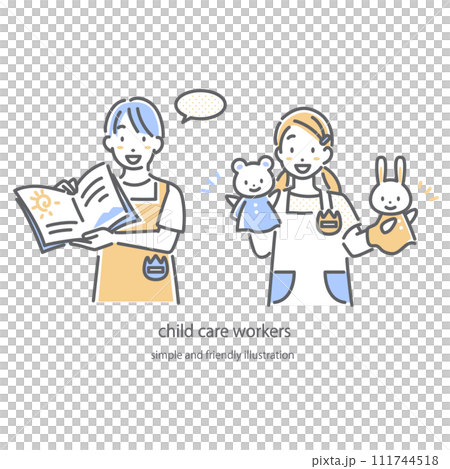 一幅簡單時尚的線條畫插圖,描繪了一位男女幼兒園老師快樂工作的情況 一幅簡單時尚的線條畫插圖,描繪了一位男女幼兒園老師快樂工作的情況 111744518