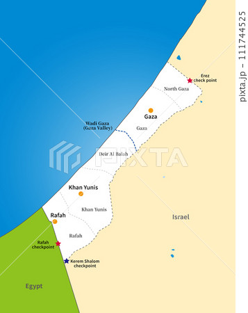 パレスチナのガザ地区の地図、イスラエル、エジプト、英語の地名入り 111744525