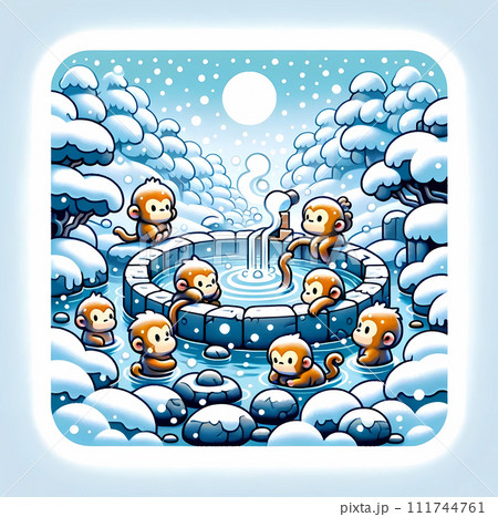 猿のキャラクターが野外の温泉に入っているイラスト。冬に露天風呂に