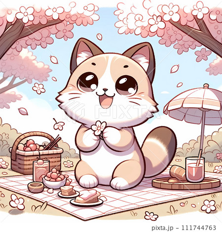 春に満開の桜の木の下でピクニックをしている猫のキャラクターの