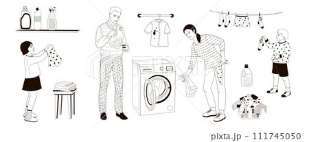 Happy parents with children Washing clothing. laundry day Family working together at home 111745050