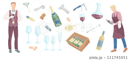 Sommelier or Stewards Wine Degustation. Set elements about wine tasting. wine Bottles, glasses, corks, corkscrew, vine experts tools	 111745051