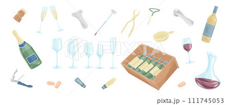 Set elements about wine tasting. wine Bottles, glasses, corks, corkscrew, vine experts tools	 111745053