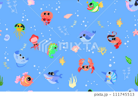 Seamless pattern with sea animals. Underwater for kids bedding fabric wallpaper wrapping and paper textile, t-shirt print Vector illustration.. Seamless pattern with sea animals. Underwater for kids bedding fabric wallpaper wrapping and paper textile, t-shirt print Vector illustration.. 111745513