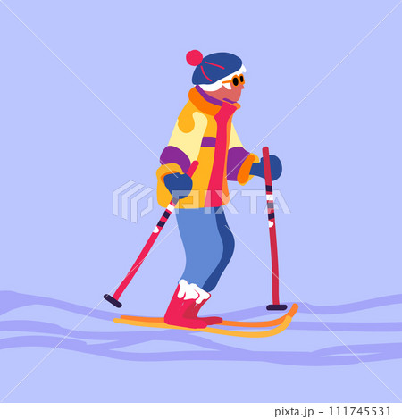 An adult gray-haired lady on a ski trip. Winter holidays and travel. Minimalism. Vector illustration. 111745531