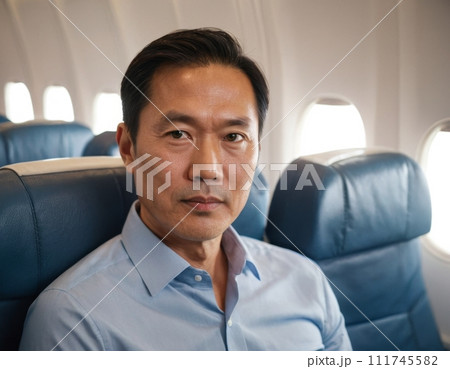 Portrait of an adult Asian man wearing a dress shirt on an airplane. 111745582