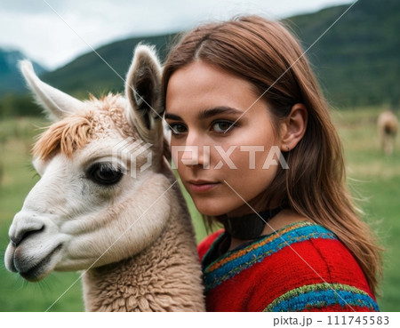 Portrait of a woman with a little llama. 111745583