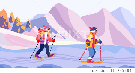 Old people on a ski trip. Mountain landscape with ski tracks. Winter holidays and travel. Minimalism. Vector illustration. 111745584