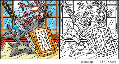 Ninja Tools Coloring Page Colored Illustration 111745804