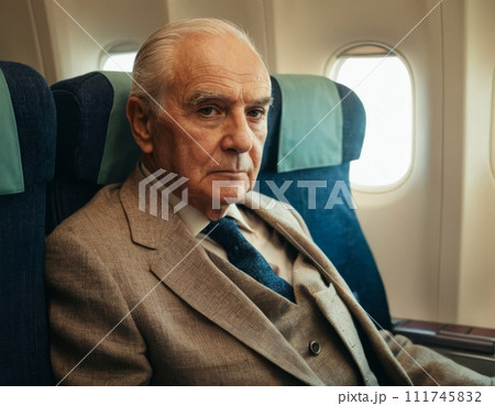 An image of a respectable elderly man in a classic suit in the interior of an airplane cabin. An image of a respectable elderly man in a classic suit in the interior of an airplane cabin. 111745832