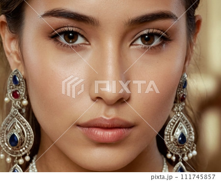Woman wearing ethnic earrings. 111745857