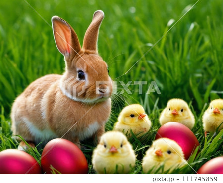 Easter bunny and little chick on a green meadow. 111745859