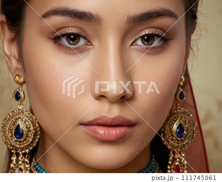 Woman in gold earrings. 111745861