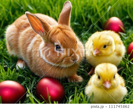 Easter bunny and little chick on a green meadow. 111745862