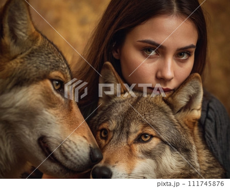 Woman with forest dogs. Woman with forest dogs. 111745876