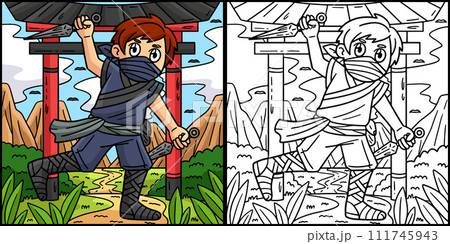Ninja with Kunai Coloring Colored Illustration 111745943