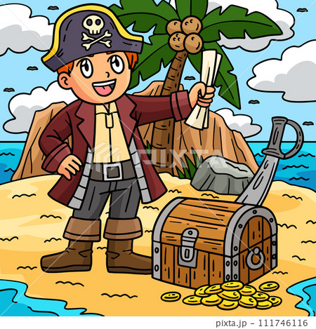 Pirate and Treasure Chest Colored Cartoon Pirate and Treasure Chest Colored Cartoon 111746116