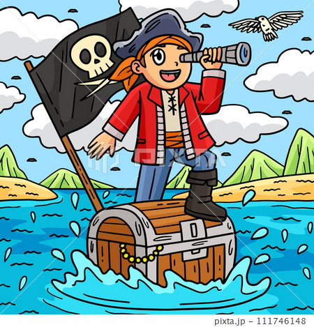 Pirate and Chest Floating Over Sea Colored Cartoon Pirate and Chest Floating Over Sea Colored Cartoon 111746148