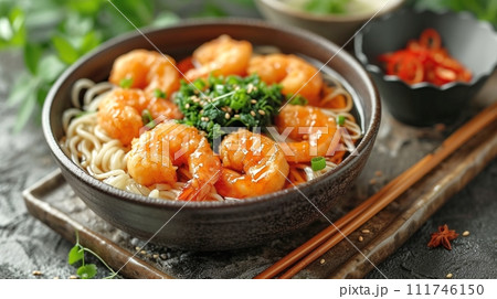 日本の伝統的なそば、うどんの定食 111746150