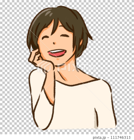 一個女人微笑著下巴休息的插圖 一個女人微笑著下巴休息的插圖 111746313