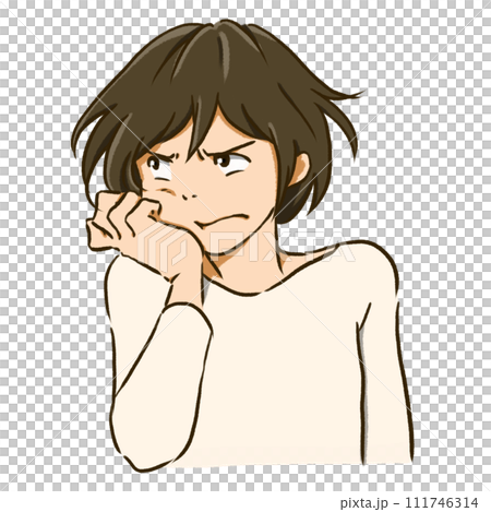 Illustration of an angry woman leaning on her chin Illustration of an angry woman leaning on her chin 111746314
