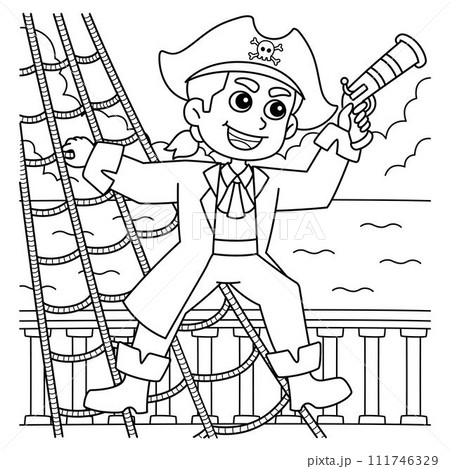 Pirate on a Rope Ladder Coloring Page for Kids 111746329