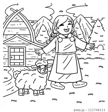 Viking Child with Sheep Coloring Page for Kids 111746513