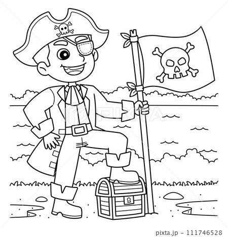 Pirate with a Jolly Roger Flag Coloring Page  111746528